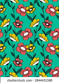 Abstract Hand Drawing Vintage Flowers Repeating Vector Pattern Isolated Background
