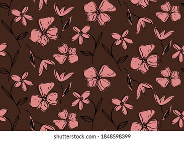 Abstract Hand Drawing Vintage Flowers and Leaves Repeating Vector Pattern Isolated Background