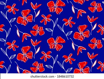 Abstract Hand Drawing Vintage Flowers and Leaves Repeating Vector Pattern Isolated Background