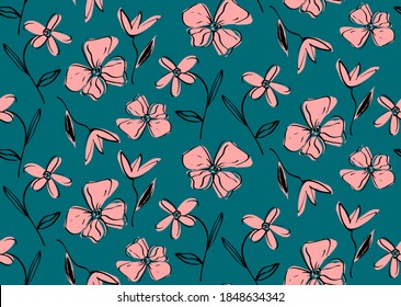 Abstract Hand Drawing Vintage Flowers and Leaves Repeating Vector Pattern Isolated Background