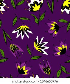 Abstract Hand Drawing Vintage Oriental Flowers Tulips and Leaves Repeating Vector Pattern Isolated Background
