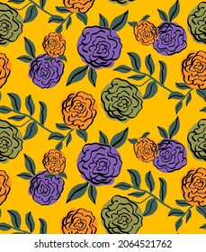 Abstract Hand Drawing Vintage Rose Flowers and Leaves Seamless Vector Pattern Isolated Background