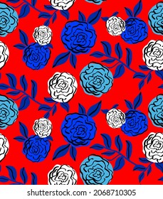 Abstract Hand Drawing Vintage Rose Flowers and Leaves Seamless Vector Pattern Isolated Background