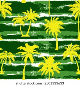 Abstract Hand Drawing Watercolor Tie Dye Horizontal Stripes Lines with Tropical Palm Trees Silhouettes Seamless Textile Vector Pattern Isolated Background