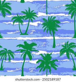 Abstract Hand Drawing Watercolor Tie Dye Horizontal Stripes Lines with Tropical Palm Trees Silhouettes Seamless Textile Vector Pattern Isolated Background