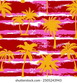 Abstract Hand Drawing Watercolor Tie Dye Horizontal Stripes Lines with Tropical Palm Trees Silhouettes Seamless Textile Vector Pattern Isolated Background