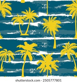 Abstract Hand Drawing Watercolor Tie Dye Horizontal Stripes Lines with Tropical Palm Trees Silhouettes Seamless Textile Vector Pattern Isolated Background