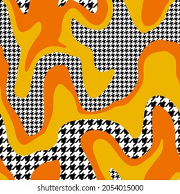 Abstract Hand Drawing Wavy Camouflage Stripes with Hounds Tooth Geometric Shapes Seamless Patchwork Vector Pattern Isolated Background