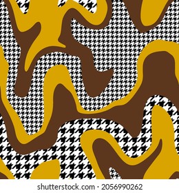 Abstract Hand Drawing Wavy Camouflage Stripes with Hounds Tooth Geometric Shapes Seamless Patchwork Vector Pattern Isolated Background