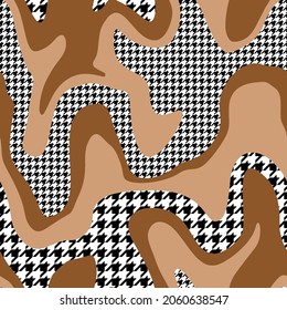Abstract Hand Drawing Wavy Camouflage Stripes with Hounds Tooth Geometric Shapes Seamless Patchwork Vector Pattern Isolated Background