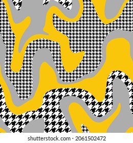 Abstract Hand Drawing Wavy Camouflage Stripes with Hounds Tooth Geometric Shapes Seamless Patchwork Vector Pattern Isolated Background