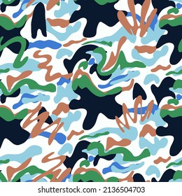 Abstract Hand Drawing Wavy Distorted Geometric Camouflage Shapes Seamless Vector Pattern Isolated Background