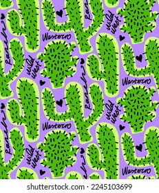 Abstract Hand Drawing Western Wild West Concept Green Cactuses Hearts and Hand Writing Text Seamless Vector Pattern Isolated Background