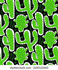 Abstract Hand Drawing Western Wild West Concept Green Cactuses Hearts and Hand Writing Text Seamless Vector Pattern Isolated Background