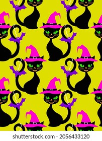 Abstract Hand Drawing Witch Halloween Cat Seamless Vector Pattern Isolated Neon Yellow Background