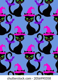 Abstract Hand Drawing Witch Halloween Cat Seamless Vector Pattern Isolated Blue Background