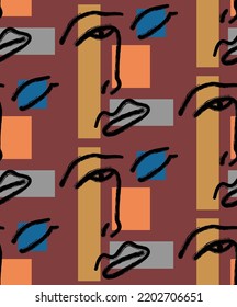 Abstract Hand Drawing Woman Face Silhouette with Geometric Squares Seamless Vector Pattern Isolated Background 
