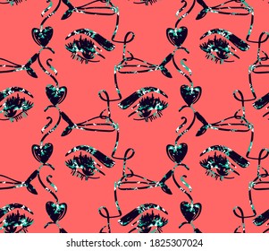 Abstract Hand Drawing Woman Faces with Heart and Fish Lips Repeating Vector Pattern Isolated Background