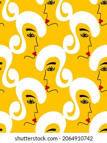 Abstract Hand Drawing Woman Faces with Curly Hair Cartoon Seamless Vector Pattern Isolated Background