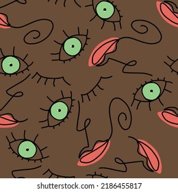 Abstract Hand Drawing Woman Faces Lips Eyes Seamless Pop Art Vector Pattern Isolated Background 