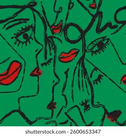 Abstract Hand Drawing Woman Faces Sketch Seamless Pop Art Seamless Vector Pattern Isolated Background