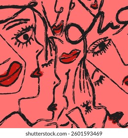 Abstract Hand Drawing Woman Faces Sketch Seamless Pop Art Seamless Vector Pattern Isolated Background