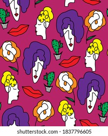 Abstract Hand Drawing Women Faces Lips Flowers Cactuses Doodle Repeating Vector Pattern Isolated Background 
