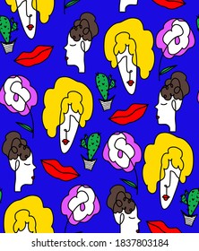 Abstract Hand Drawing Women Faces Lips Flowers Cactuses Doodle Repeating Vector Pattern Isolated Background 