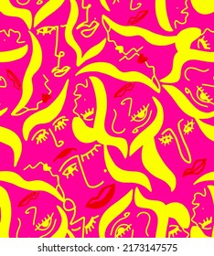 Abstract Hand Drawing Women Faces Lips Seamless Vector Pattern Isolated Background 