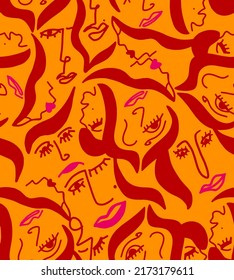 Abstract Hand Drawing Women Faces Lips Seamless Vector Pattern Isolated Background 