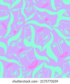 Abstract Hand Drawing Women Faces Lips Seamless Vector Pattern Isolated Background 