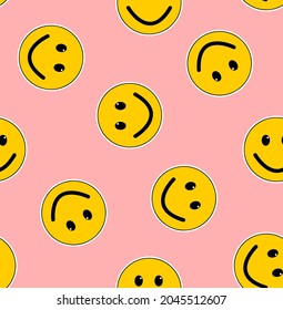 Abstract Hand Drawing Yellow Smile Icons Seamless Vector Pattern Isolated Pink Background