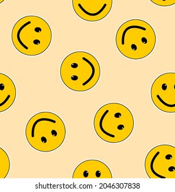 Abstract Hand Drawing Yellow Smile Icons Seamless Vector Pattern Isolated Cream Background