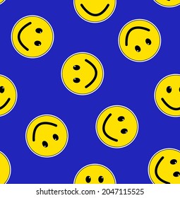 Abstract Hand Drawing Yellow Smile Icons Seamless Vector Pattern Isolated Royal Blue Background