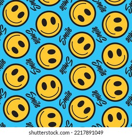 Abstract Hand Drawing Yellow Smile Icons and Smile Slogan Text Seamless Vector Pattern Isolated Background