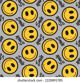 Abstract Hand Drawing Yellow Smile Icons and Smile Slogan Text Seamless Vector Pattern Isolated Background