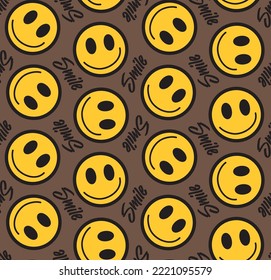 Abstract Hand Drawing Yellow Smile Icons and Smile Slogan Text Seamless Vector Pattern Isolated Background