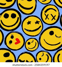 Abstract Hand Drawing Yellow Smile Icons Faces Emotions Seamless Vector Pattern Isolated White Background