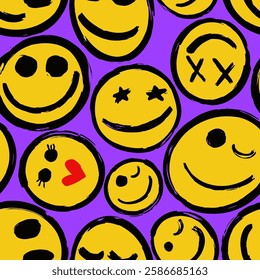 Abstract Hand Drawing Yellow Smile Icons Faces Emotions Seamless Vector Pattern Isolated White Background