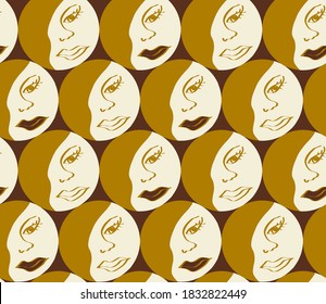 Abstract Hand Drawing Ying Yang Woman Faces Art Deco Repeating Vector Pattern Isolated Background