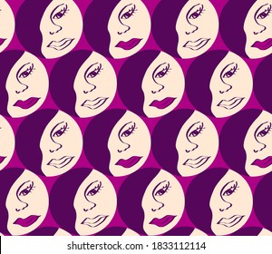 Abstract Hand Drawing Ying Yang Woman Faces Art Deco Repeating Vector Pattern Isolated Background