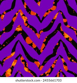 Abstract Hand Drawing Zig Zag Zebra Stripes Brush Strokes with Watercolor In Stains Splashes Texture Seamless Vector Pattern Isolated Background	