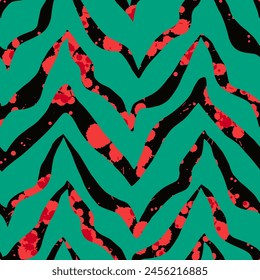 Abstract Hand Drawing Zig Zag Zebra Stripes Brush Strokes with Watercolor In Stains Splashes Texture Seamless Vector Pattern Isolated Background	