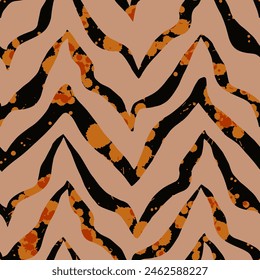 Abstract Hand Drawing Zig Zag Zebra Stripes Brush Strokes with Watercolor In Stains Splashes Texture Seamless Vector Pattern Isolated Background	