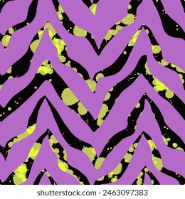 Abstract Hand Drawing Zig Zag Zebra Stripes Brush Strokes with Watercolor In Stains Splashes Texture Seamless Vector Pattern Isolated Background	