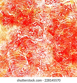 Abstract hand drawn acrylic pattern. Red, gold and silver painted artistic spot on white background.