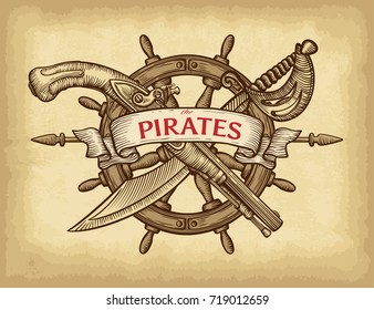 Abstract hand drawn anchor, sabre, ship wheel, pistol and ribbon banner. Old craft paper texture background. Template for your design works. Vector illustration.