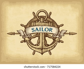 Abstract hand drawn anchor, ship wheel and ribbon banner. Old paper texture background. Template for your design works. Vector illustration.