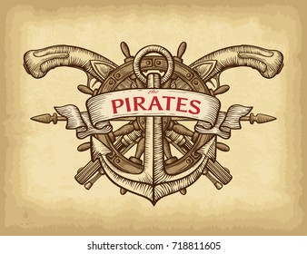 Abstract hand drawn anchor, ship wheel, pistols and ribbon banner. Old craft paper texture background. Template for your design works. Vector illustration.