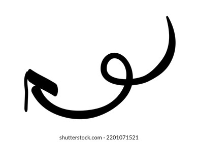 Abstract hand drawn arrow. Icon or sticker with thin swirling pointer or indicator. Left and up. Design element for print and social networks. Cartoon simple linear vector illustration in doodle style